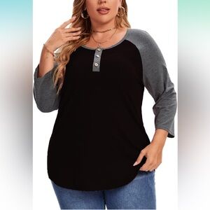 Rinethy 3/4 Sleeve Plus Size Casual V Neck Blouses Color Block Henley Tee New